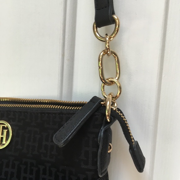 Classy Tommy Hilfiger black w/ gold trim crossbody purse w/open pocket in front. - Picture 4 of 8